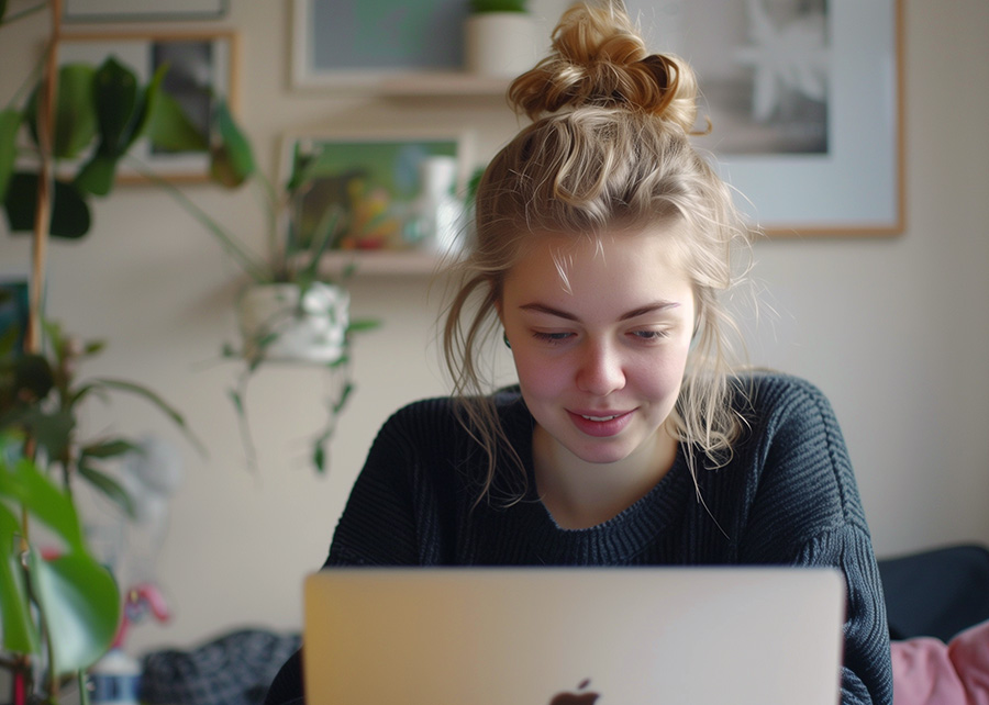 Vrouw achter laptop schrijft ALT teksten voor haar website over fotografie